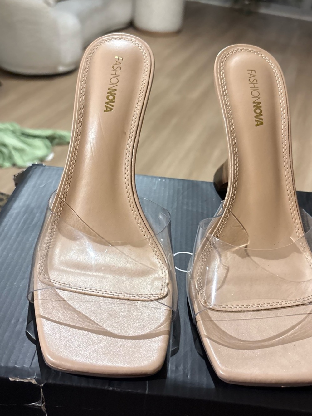 Fashion Nova Nude Clear Strap Wood-Effect Heel Mule - Picture 3 of 3